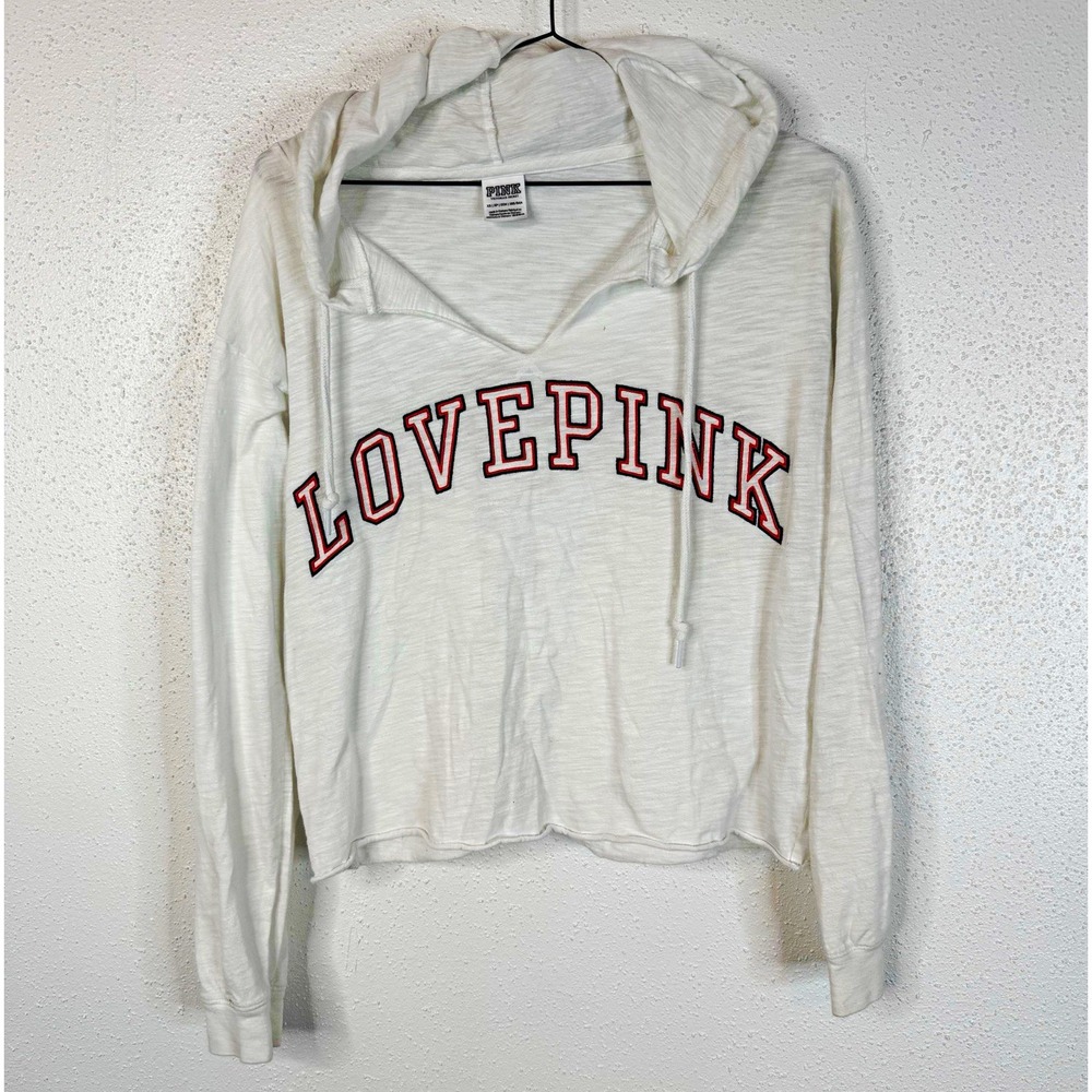 PINK Victoria's Secret PINK Women's White Logo Pullover Hoodie Y2K V-Neck, XS
